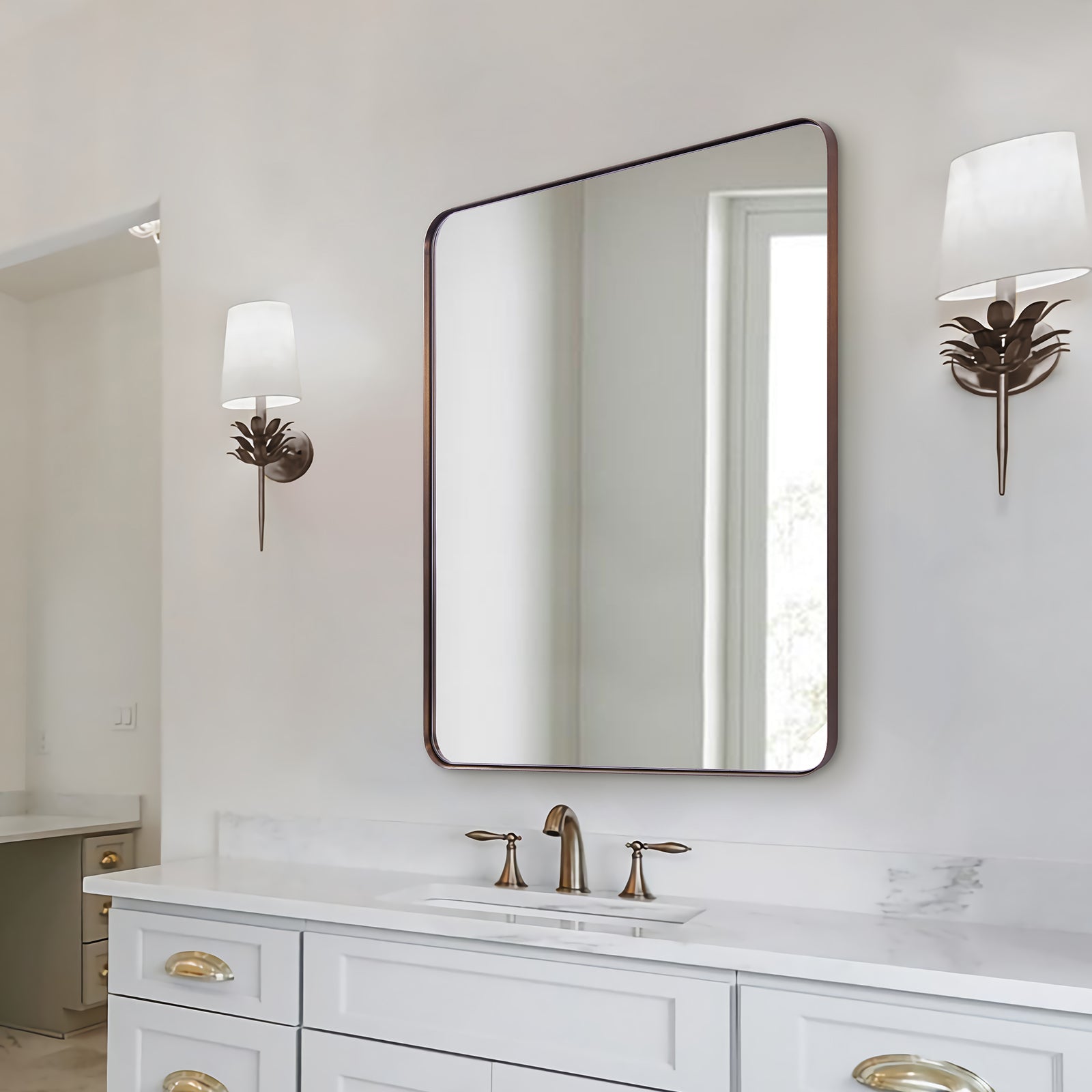Open Box Like New : Modern Rounded Rectangle Mirror for Bathroom/ Vanity/ Wall | Stainless Steel Frame