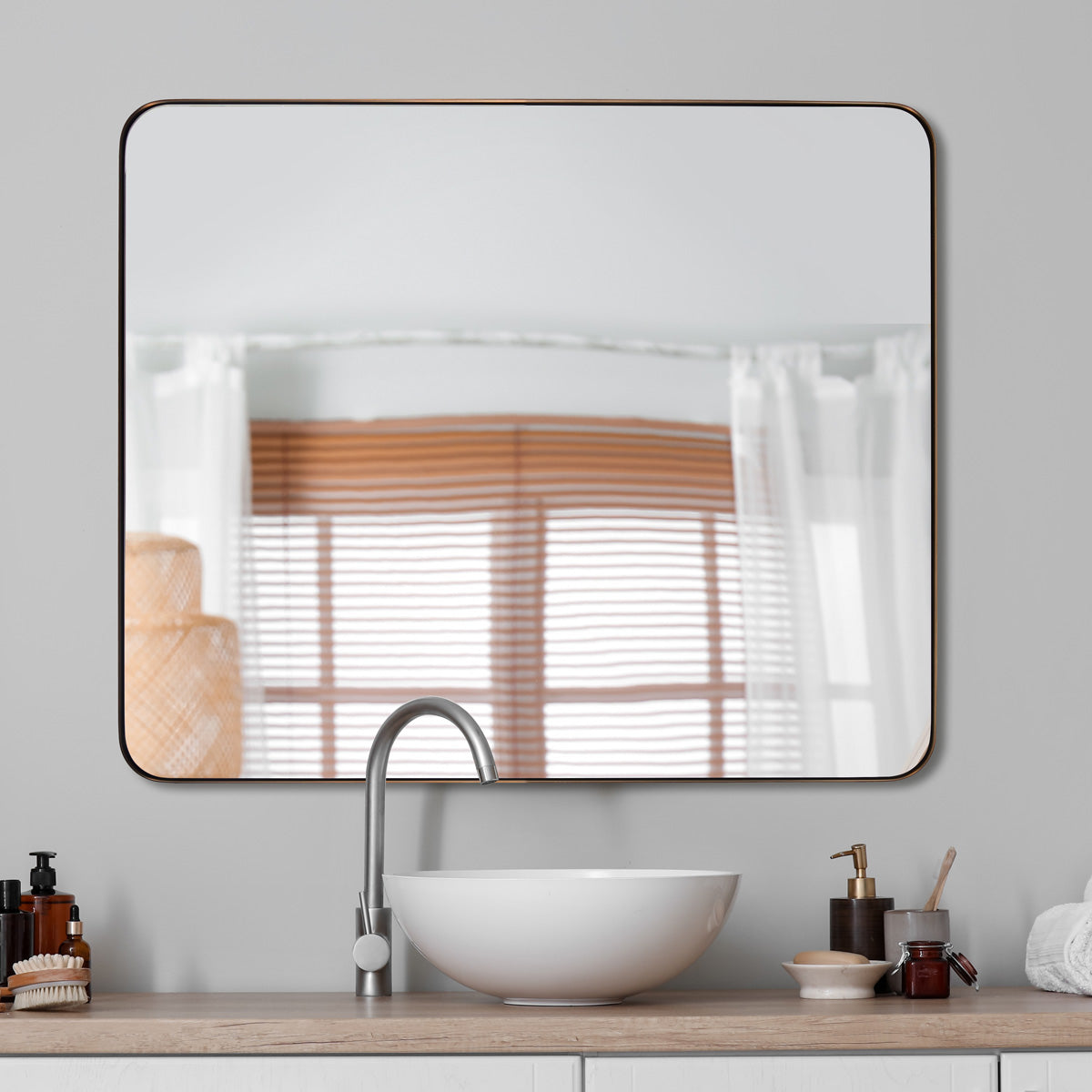 Open Box Like New : Modern Rounded Rectangle Mirror for Bathroom/ Vanity/ Wall | Stainless Steel Frame