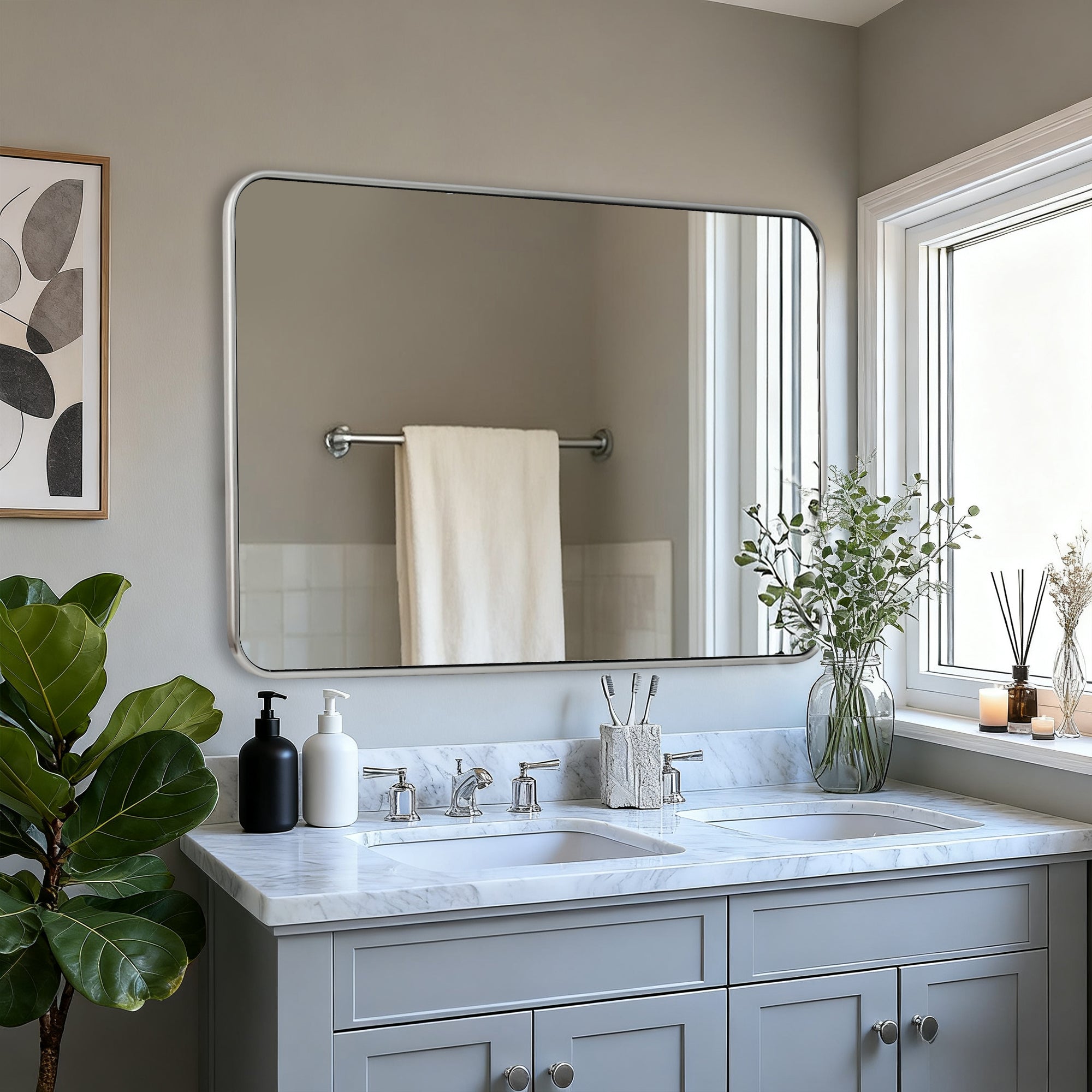 Contemporary Rounded Rectangular Bathroom Mirrors| Stainless Steel Thick Frame