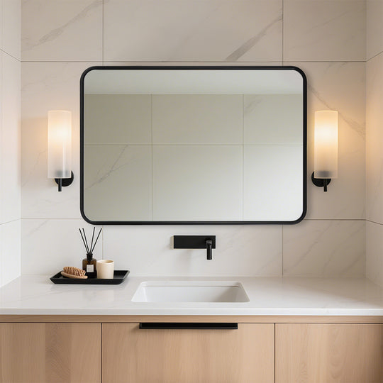 Modern Bold Stainless Steel Framed Rounded Rectangular Bathroom Wall Mirror
