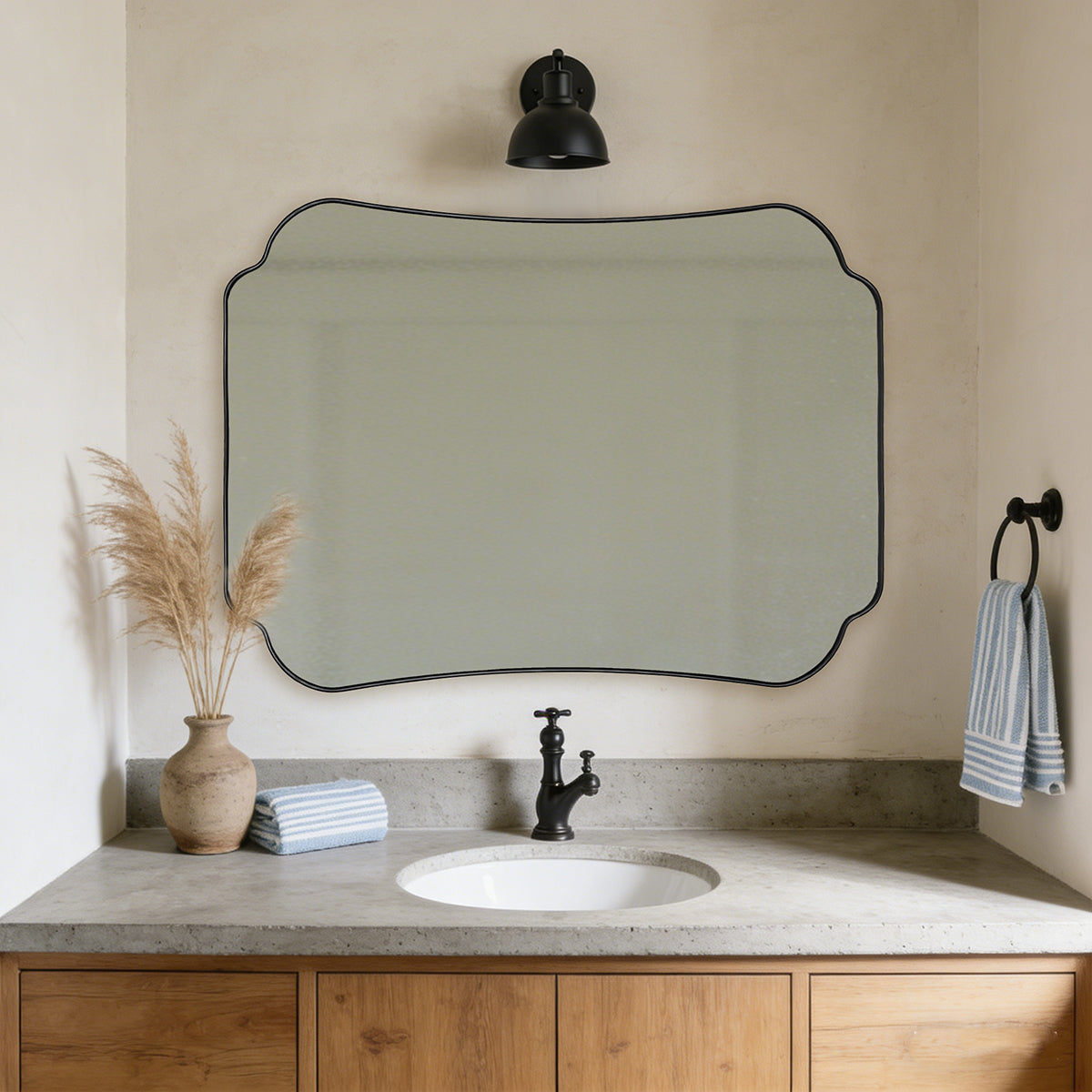 Contemporary Concave Edge Scalloped Bathroom Mirror Decorative | Stainless Steel Frame