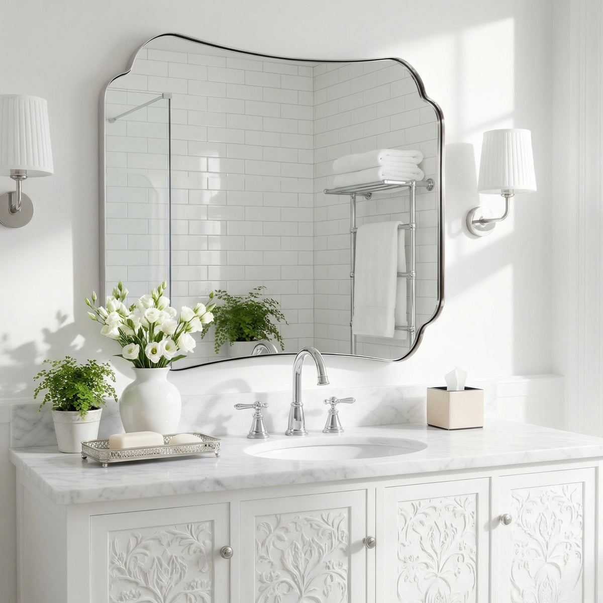 Contemporary Cut Corner Concave Edge Scalloped Bathroom Mirror | Stainless Steel Frame