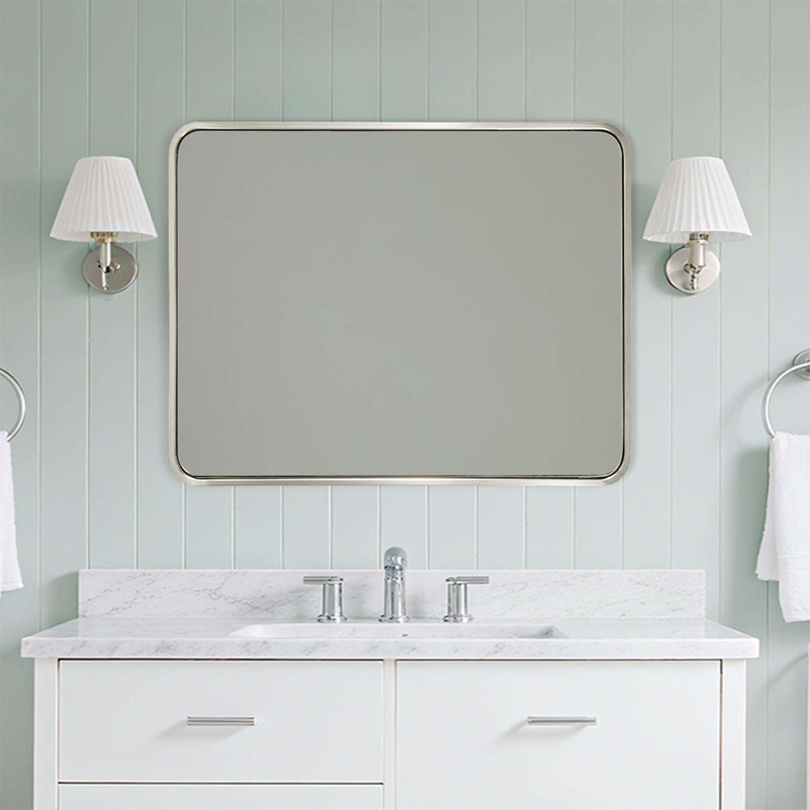Modern Bold Stainless Steel Framed Rounded Rectangular Bathroom Wall Mirror
