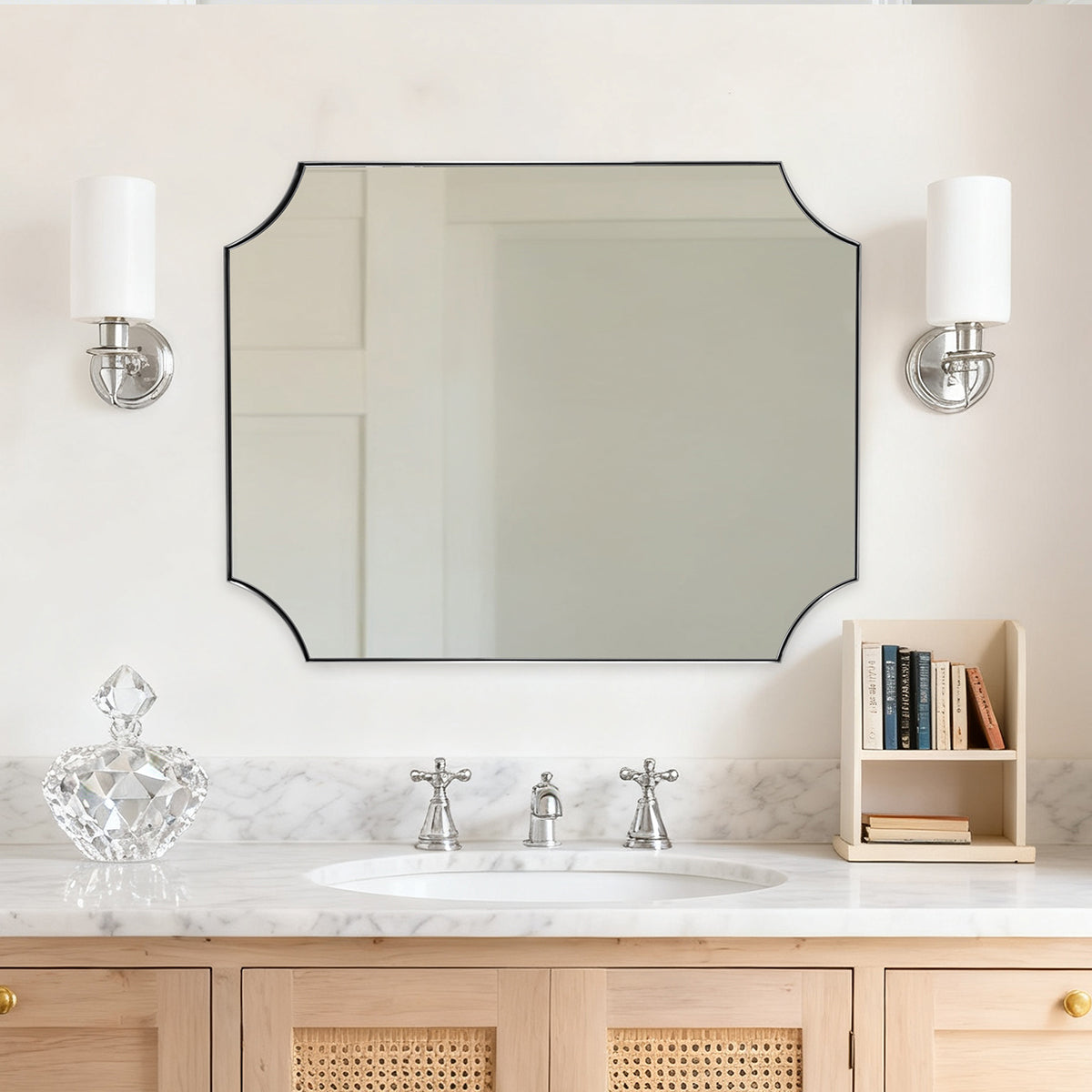 Contemporary Notched Corner Scalloped  Rectangle Bathroom Vanity Mirror | Stainless Steel Frame