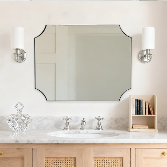 Contemporary Notched Corner Scalloped  Rectangle Bathroom Vanity Mirror | Stainless Steel Frame