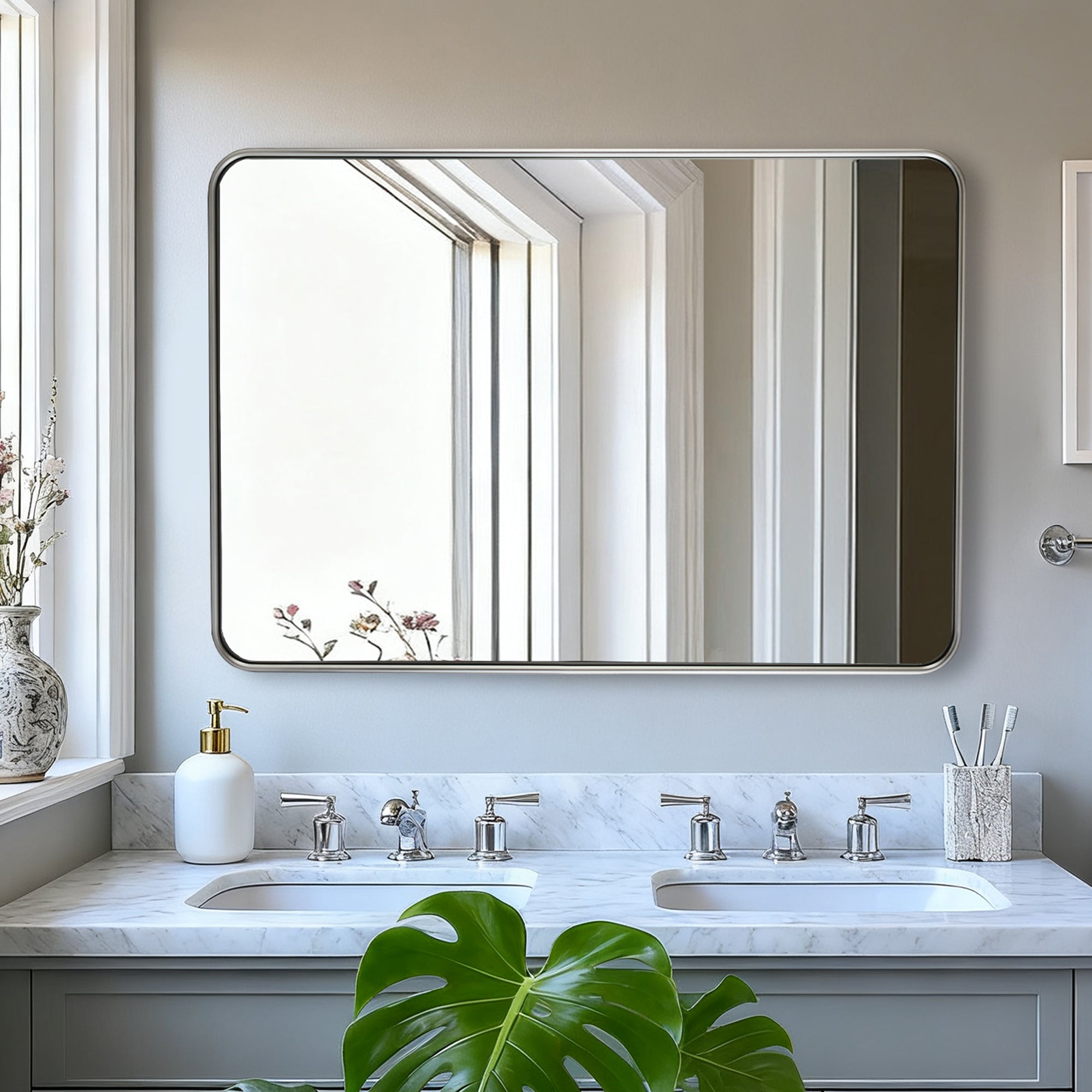 Contemporary Rounded Rectangular Bathroom Mirrors| Stainless Steel Thick Frame