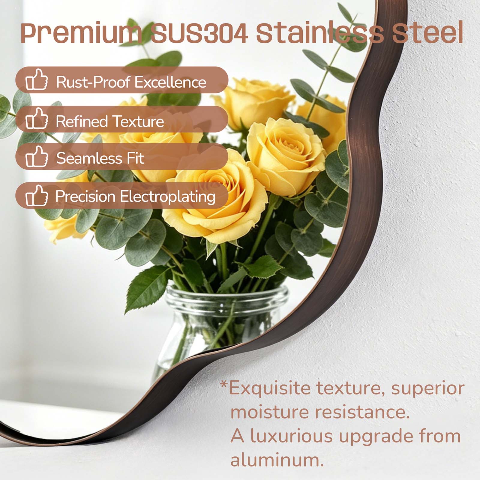 Contemporary Wavy Oval Scalloped Bathroom Vanity Mirror  Irregular Organic Mirror| Stainless Steel Framed