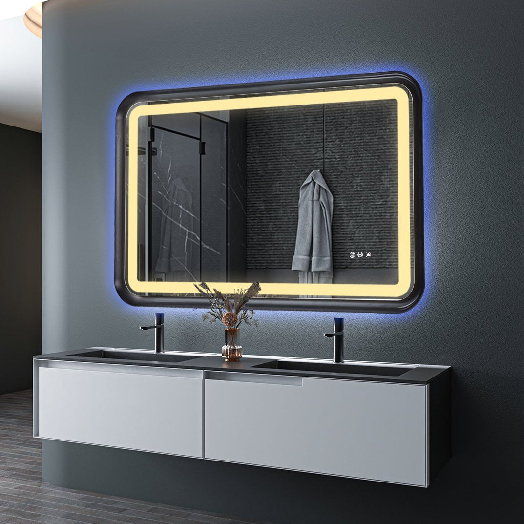 Black Framed Bathroom Mirror With Lights, Led Mirror For Dual Front & Back Lights, Defogging & Memory