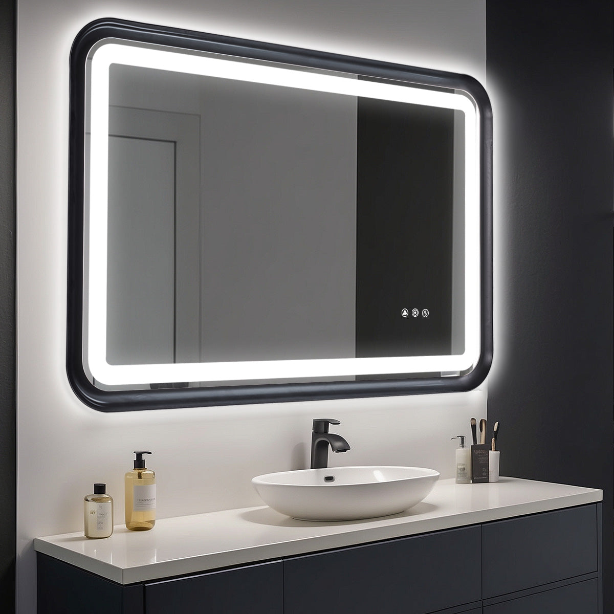 Black Framed Bathroom Mirror With Lights, Led Mirror For Dual Front & Back Lights, Defogging & Memory