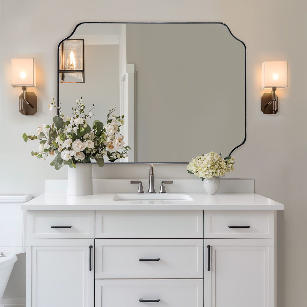Modern Cut Corner Rectangle Scalloped Mirror for Wall /Bathroom | Stainless Steel Frame