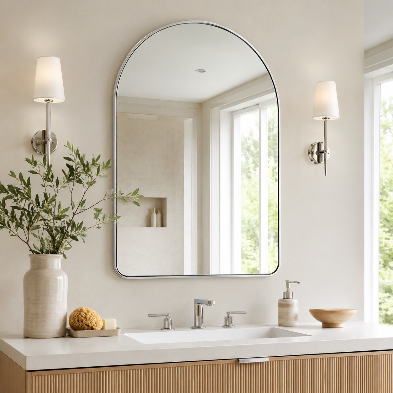 Contemporary Arched Bathroom Vanity Mirror Arch Wall Mirror |Stainless Steel Framed