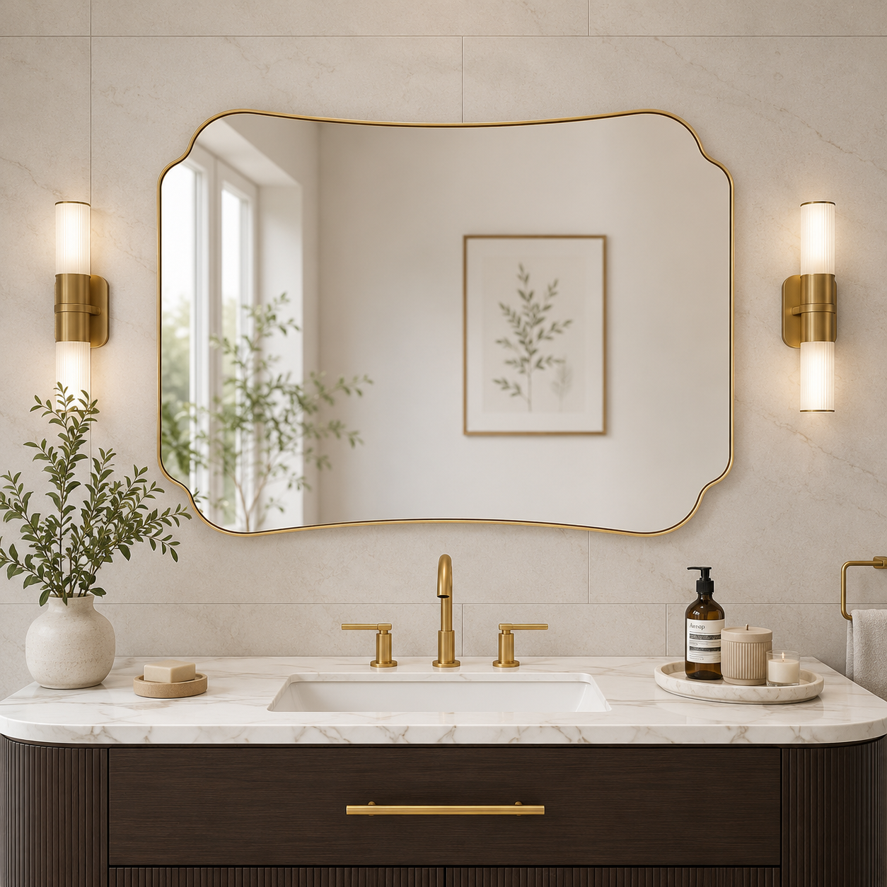 Contemporary Cut Corner Concave Edge Scalloped Bathroom Mirror | Stainless Steel Frame