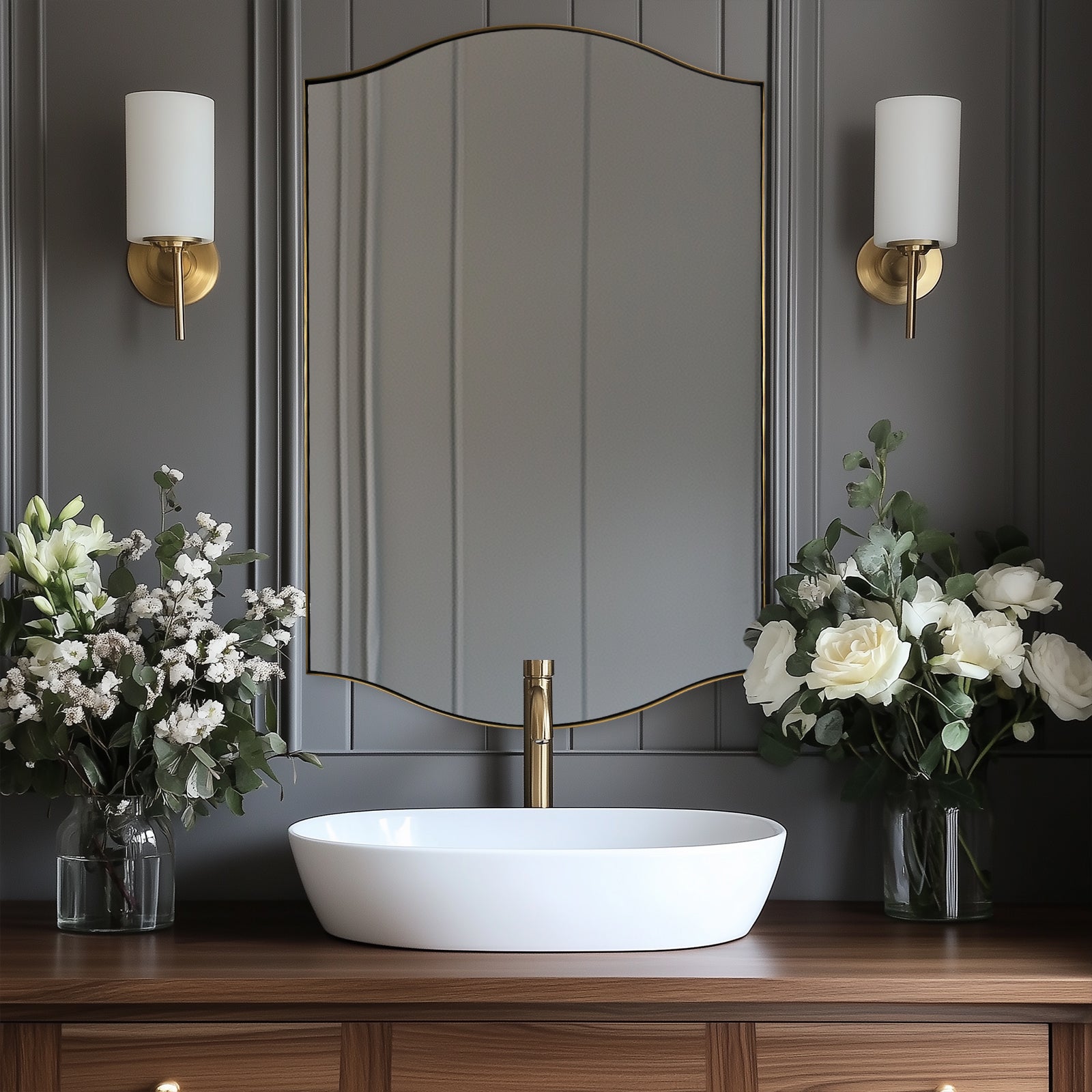 Curve Dual Arch Rectangular Scalloped  Bathroom Wall Mirror Brushed Gold |Stainless Steel Framed
