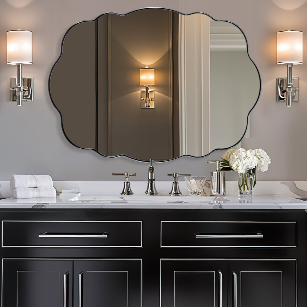 Contemporary Wavy Oval Scalloped Bathroom Vanity Mirror  Irregular Decorative Mirror| Stainless Steel Framed