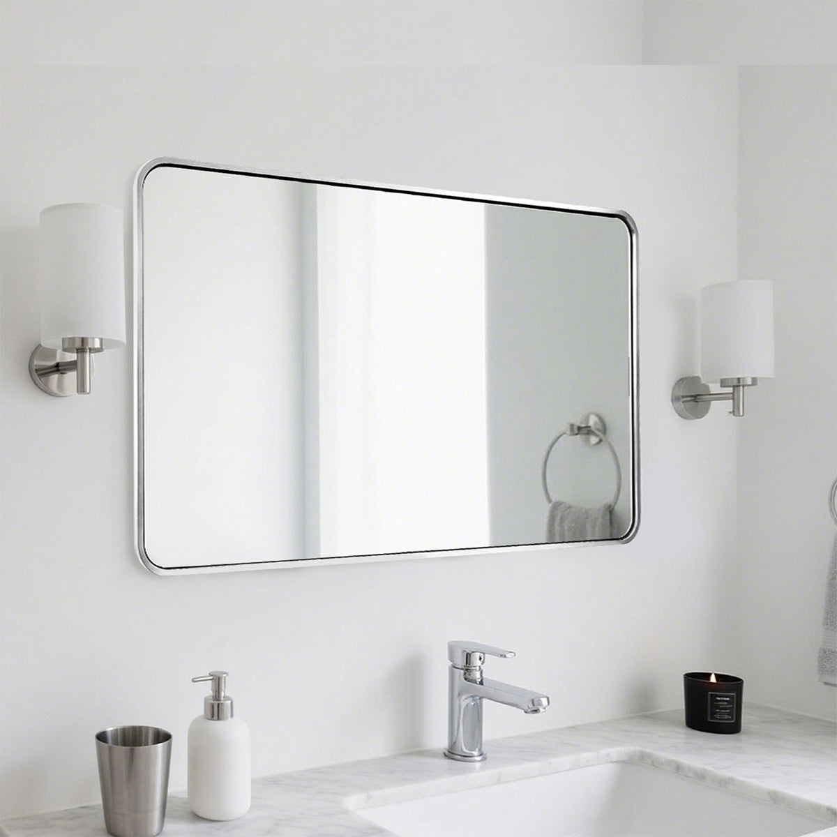 Contemporary Rounded Rectangular Bathroom Wall Mirror |Thicker Stainless Steel Framed