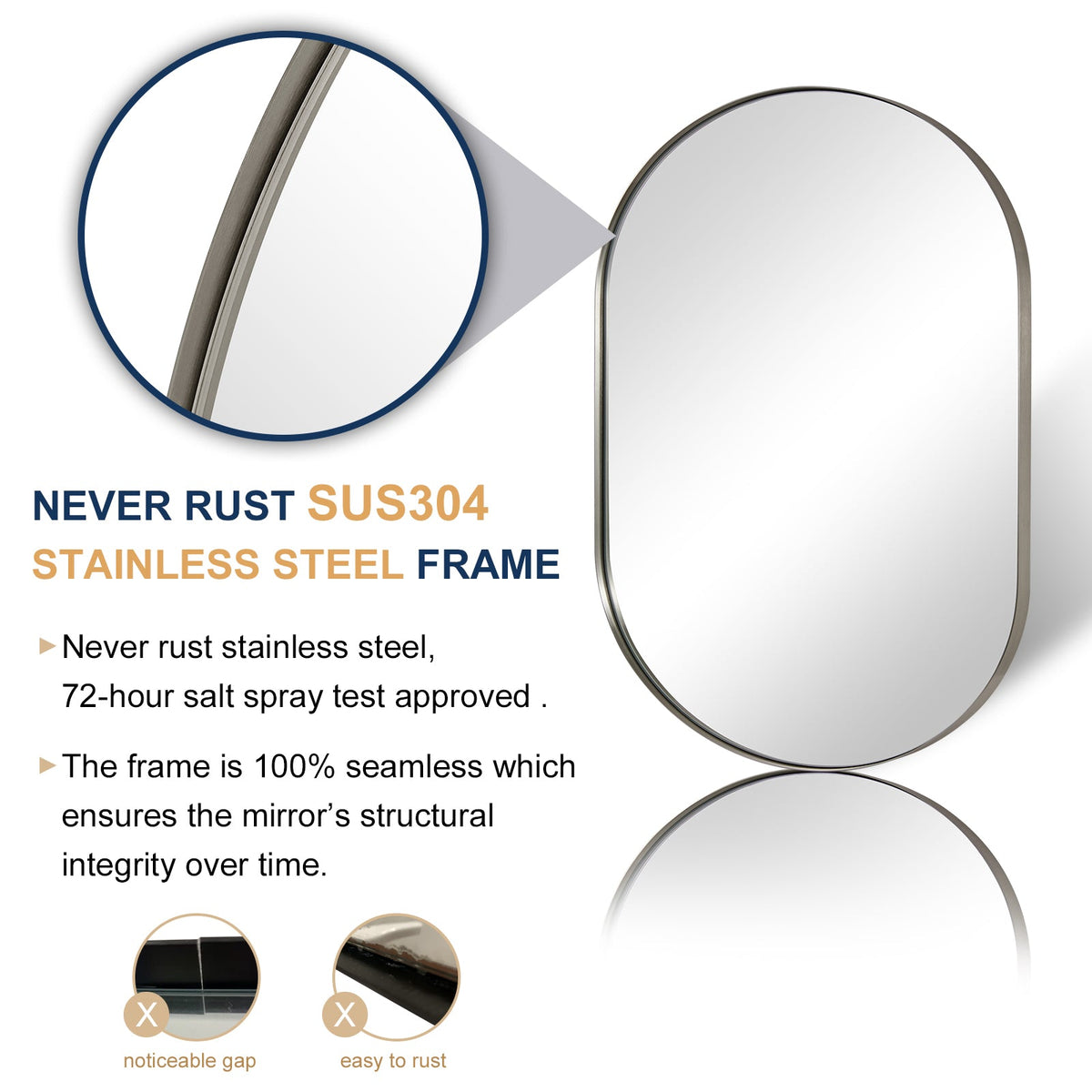Modern Pill Shaped Capsule Wall Mirrors Long Oval Bathroom Vanity Mirror | Stainless Steel Frame