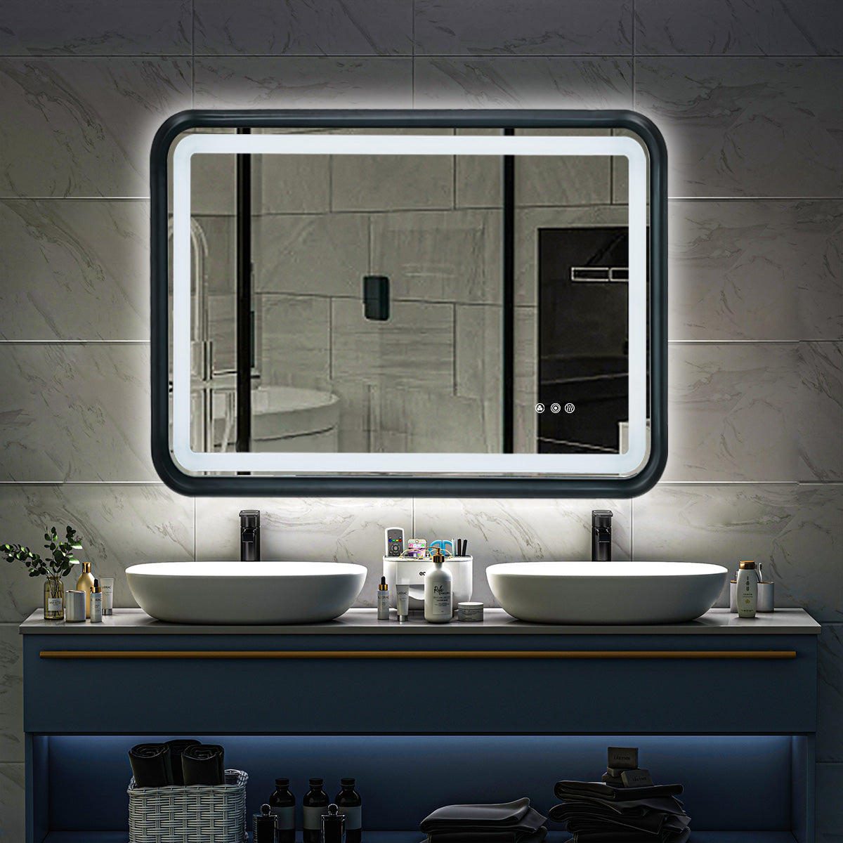 Black Framed Bathroom Mirror With Lights, Led Mirror For Dual Front & Back Lights, Defogging & Memory