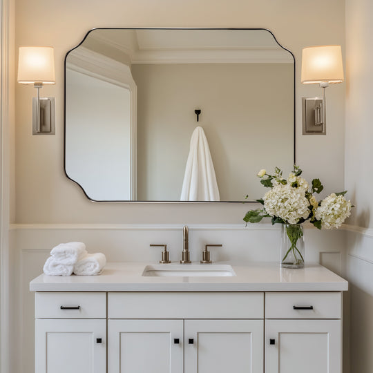 Contemporary Rounded Notched Corner Irregular Scalloped Mirror for Wall /Bathroom | Stainless Steel Frame