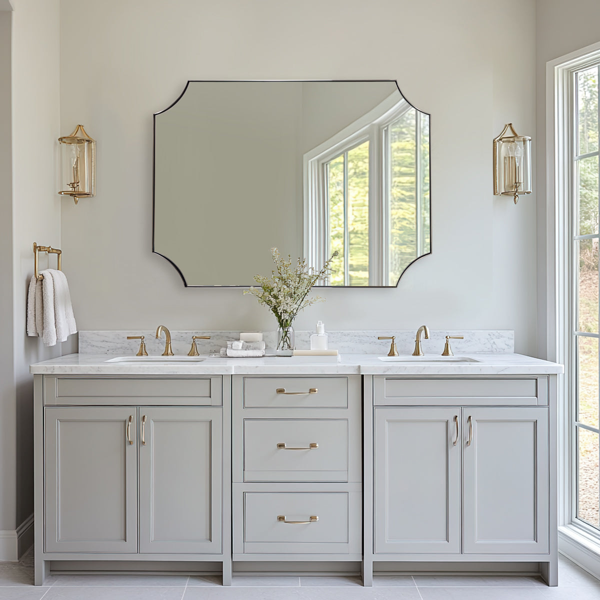 Contemporary  Notched Corner Scalloped  Rectangle Bathroom Wall Mirror | Stainless Steel Frame