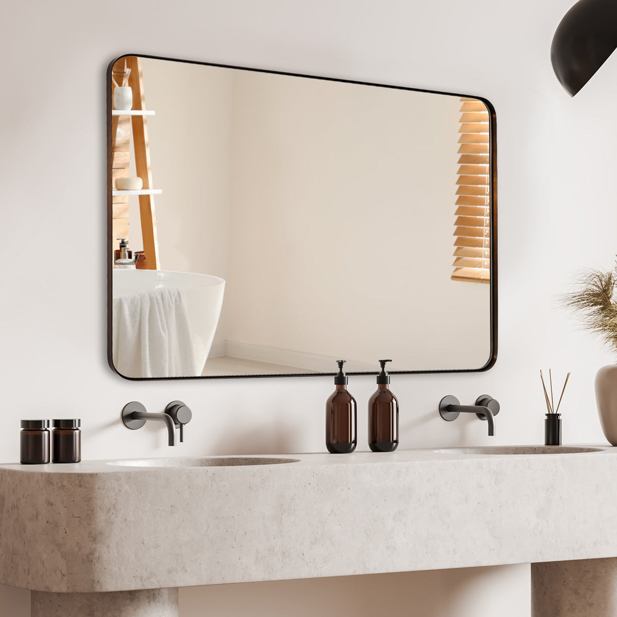 Open Box Like New : Modern Rounded Rectangle Mirror for Bathroom/ Vanity/ Wall | Stainless Steel Frame