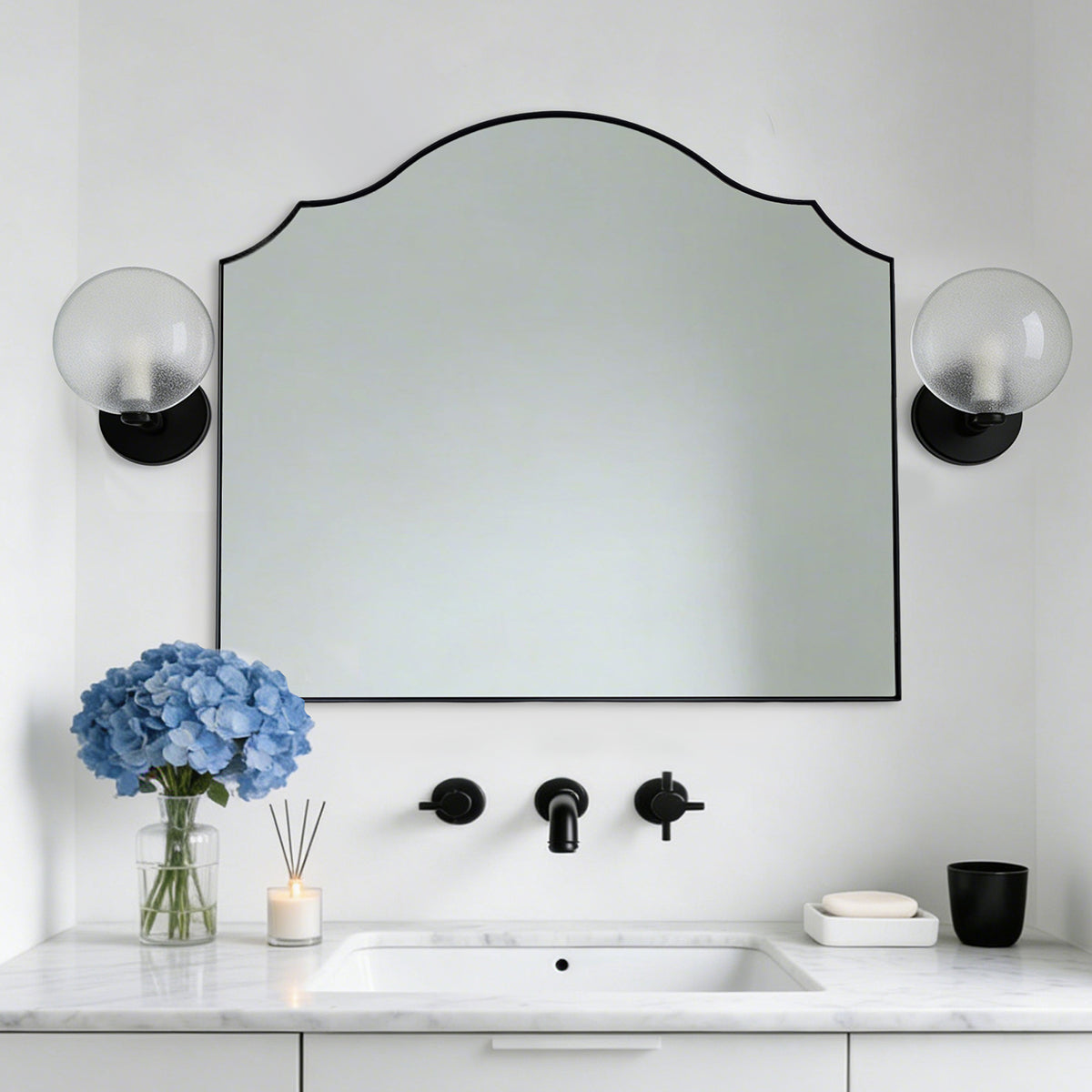 Contemporary Arched Curved Scalloped Mirror Bathroom Vanity Mirror | Stainless Steel Frame