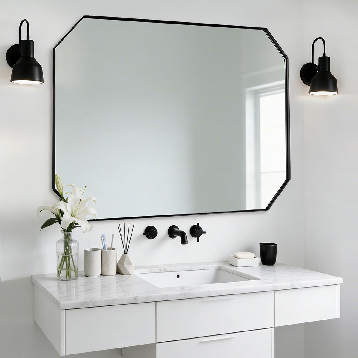 Contemporary Cut Corner Octagonal Scalloped Rectangle Mirror for Bathroom  |Stainless Steel Frame