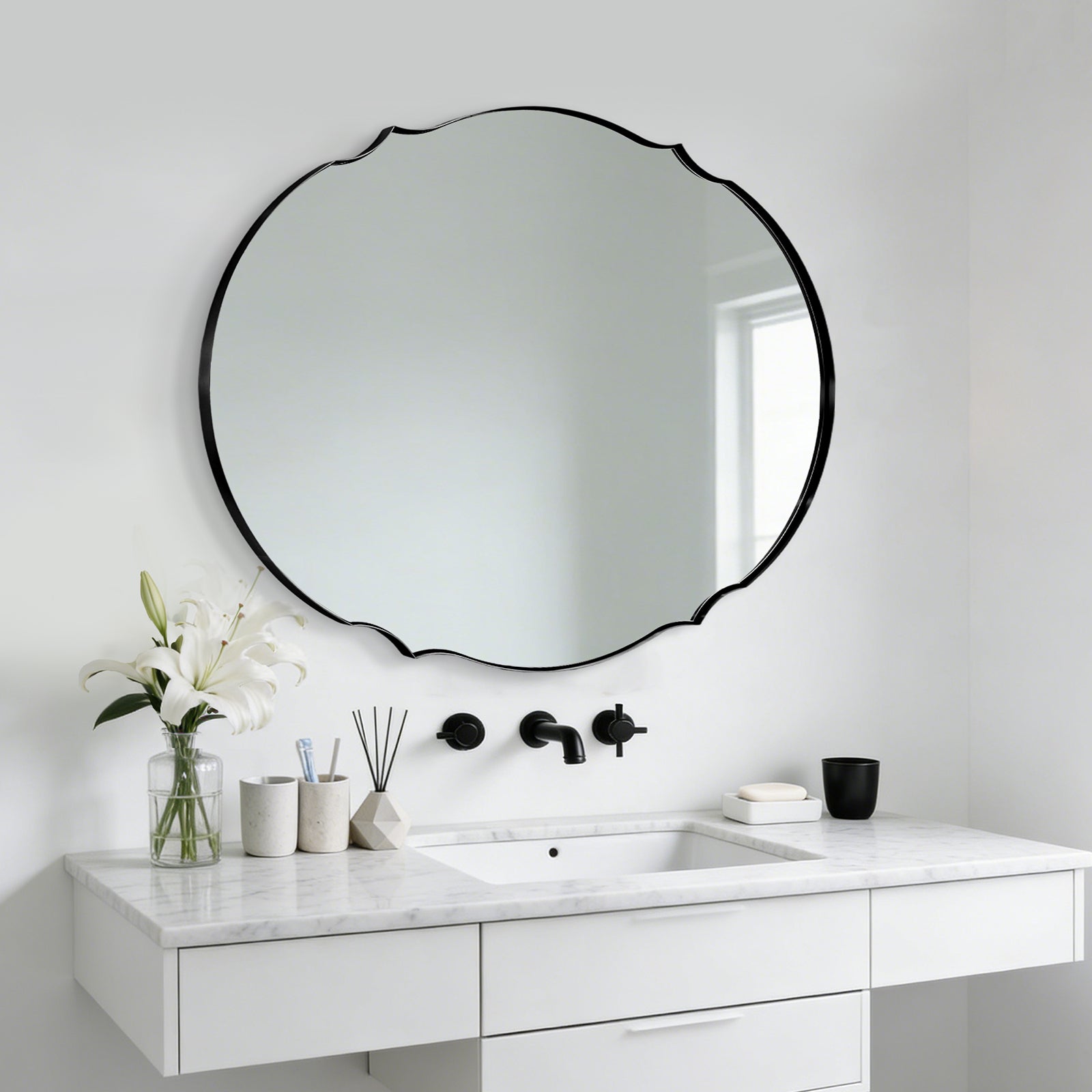 Contemporary Oval Scalloped Wall Mirror Irregular Bathroom Vanity Mirror| Stainless Steel Frame