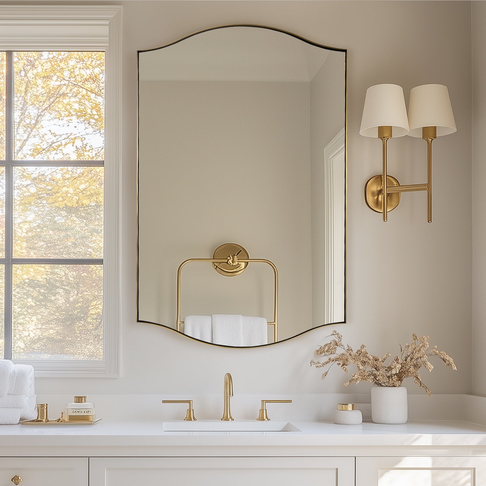 Curve Dual Arch Rectangular Scalloped  Bathroom Wall Mirror Brushed Gold |Stainless Steel Framed
