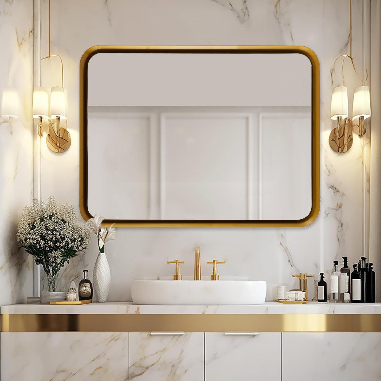 Contemporary Metal Beveled Framed Rounded Rectangle Wall Mirror for Bathroom