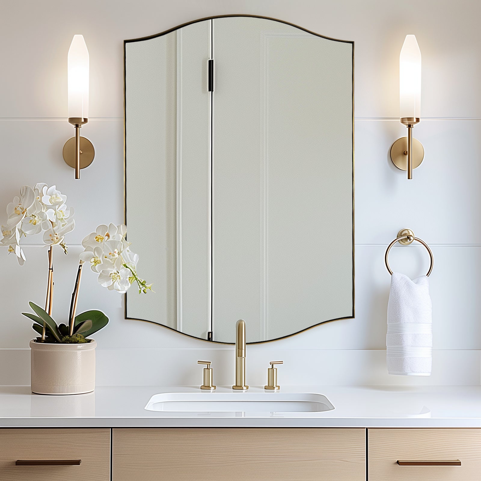 Curve Dual Arch Rectangular Scalloped  Bathroom Wall Mirror Brushed Gold |Stainless Steel Framed