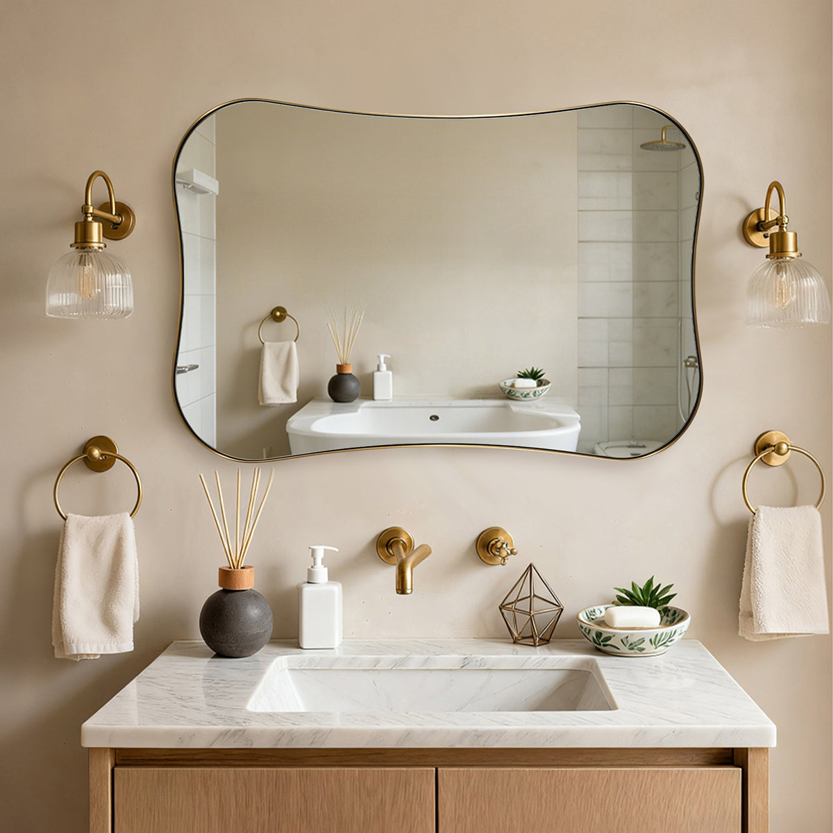 Contemporary Dual  Concave Edge Rouded Scalloped Rectangle Wall Mirror | Stainless Steel Frame