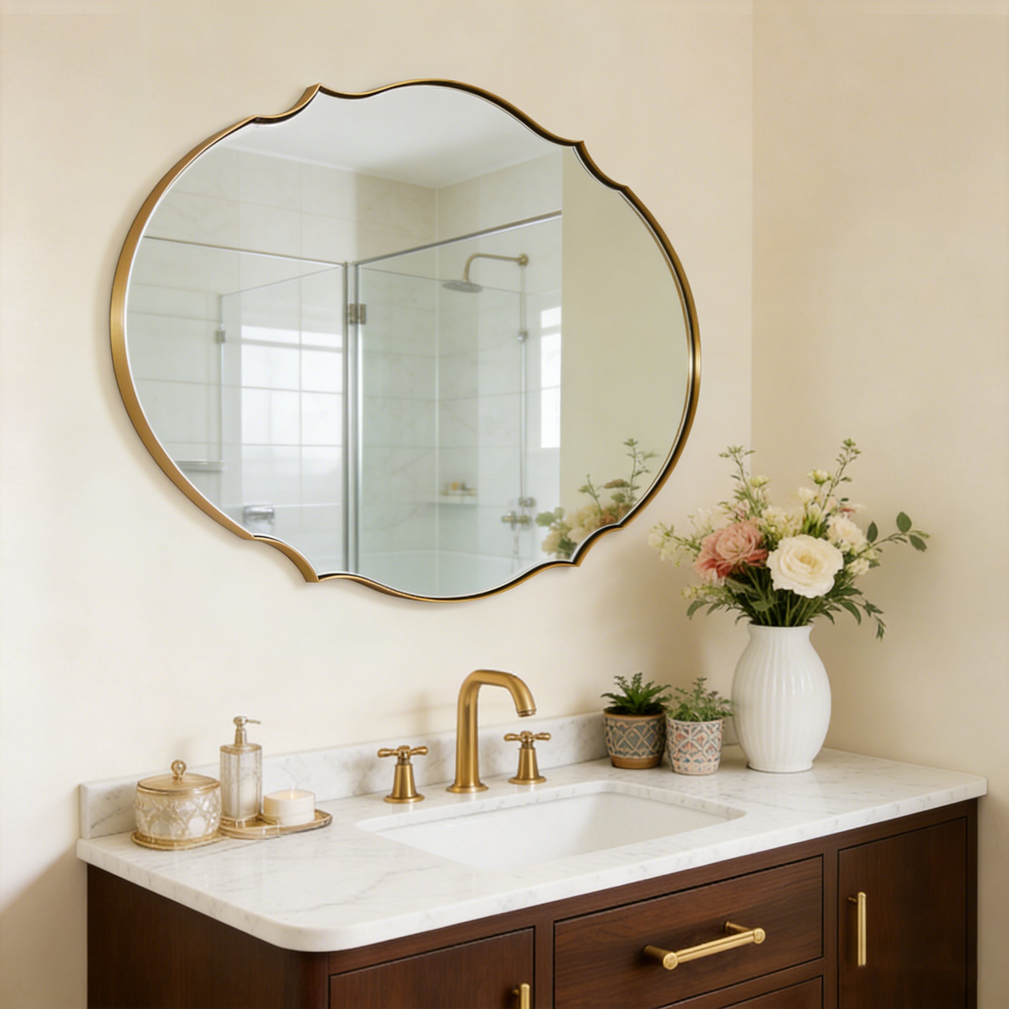 Contemporary Oval Scalloped Wall Mirror Irregular Bathroom Vanity Mirror| Stainless Steel Frame