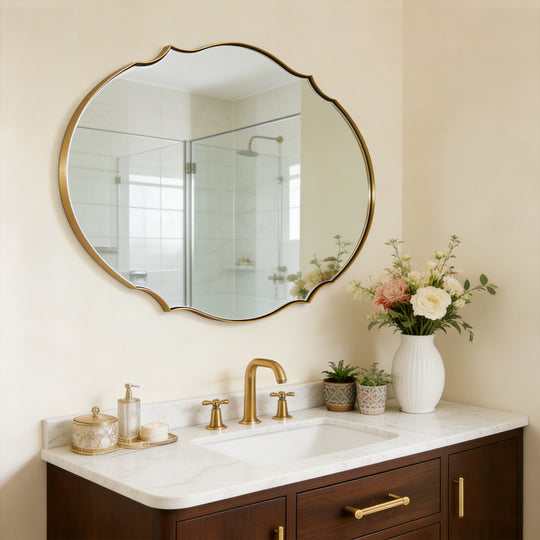 Contemporary Oval Scalloped Wall Mirror Irregular Bathroom Vanity Mirror| Stainless Steel Frame