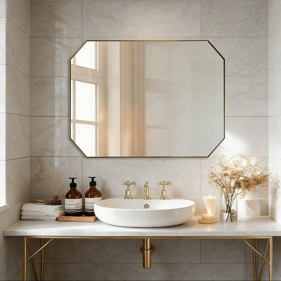Contemporary Cut Corner Octagonal Scalloped Rectangle Mirror for Bathroom  |Stainless Steel Frame
