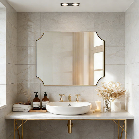 Contemporary Notched Corner Scalloped  Rectangle Bathroom Vanity Mirror | Stainless Steel Frame