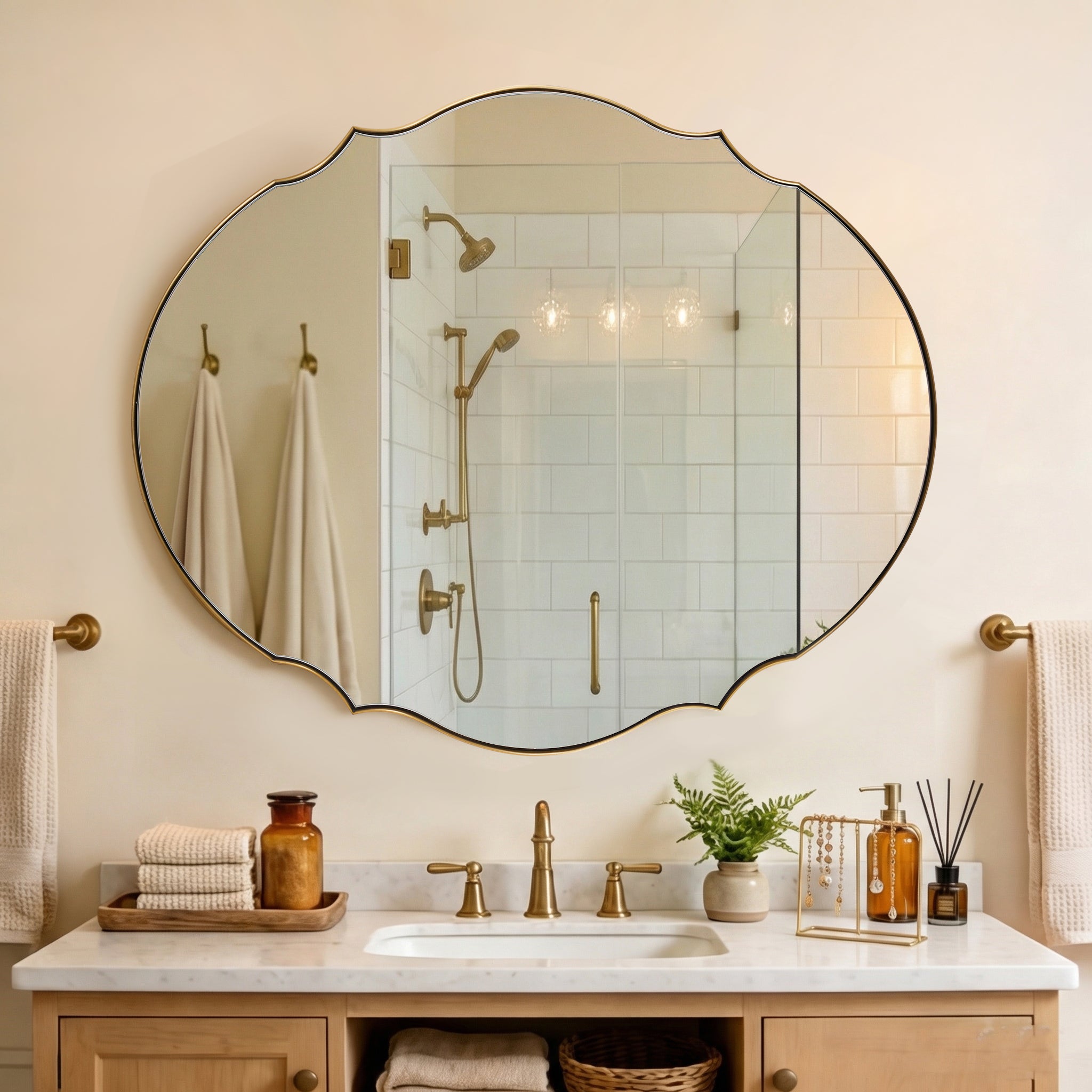 Contemporary Oval Scalloped Wall Mirror Irregular Bathroom Vanity Mirror| Stainless Steel Frame