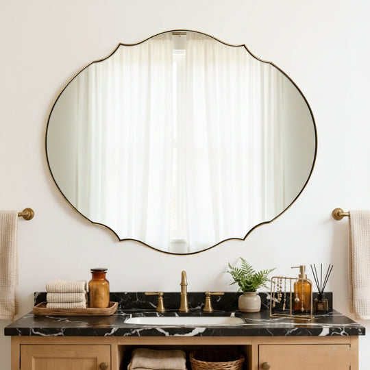 Contemporary Oval Scalloped Wall Mirror Irregular Bathroom Vanity Mirror| Stainless Steel Frame