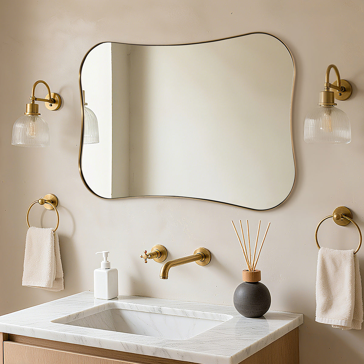 Contemporary Dual  Concave Edge Rouded Scalloped Rectangle Wall Mirror | Stainless Steel Frame
