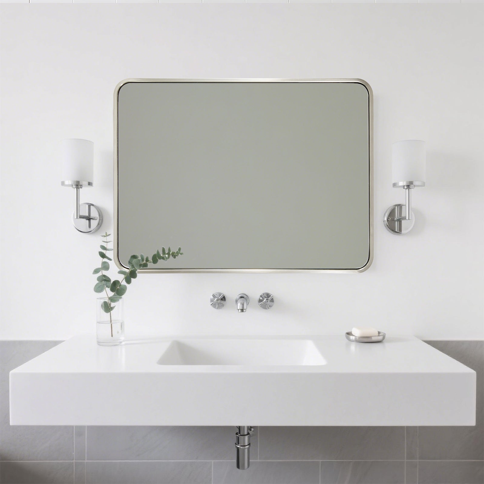 Modern Bold Stainless Steel Framed Rounded Rectangular Bathroom Wall Mirror