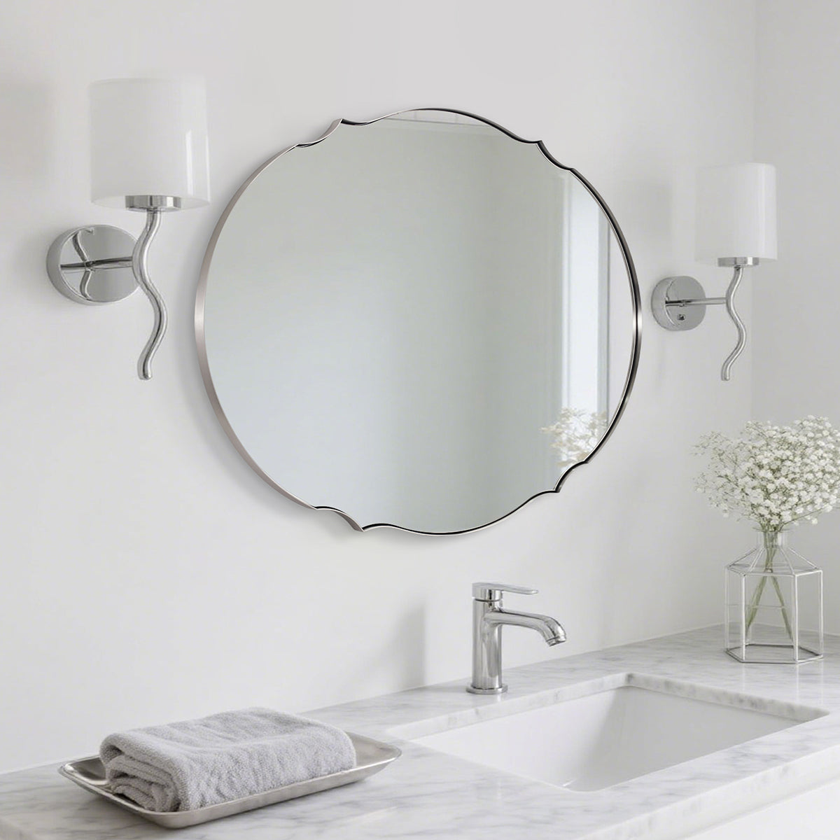 Contemporary Oval Scalloped Wall Mirror Irregular Bathroom Vanity Mirror| Stainless Steel Frame