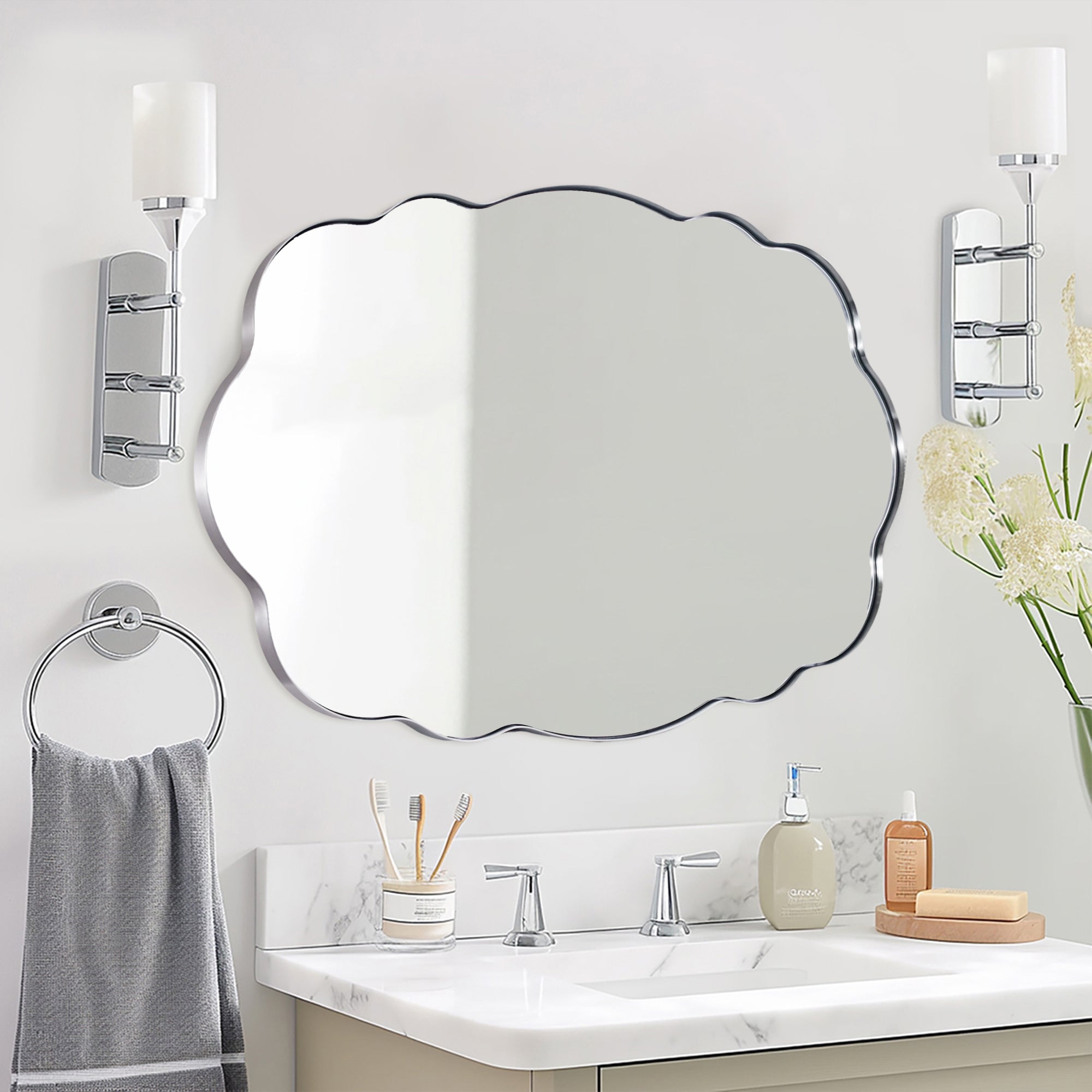 Contemporary Wavy Oval Scalloped Bathroom Vanity Mirror  Irregular Decorative Mirror| Stainless Steel Framed