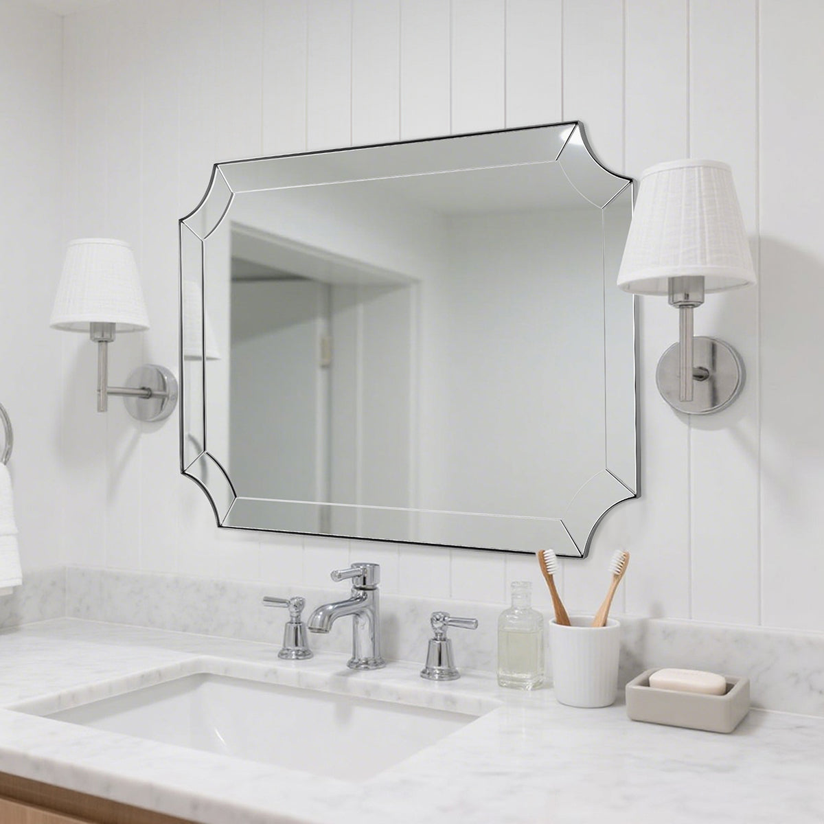Minuette Glass Tiles Edge Scalloped Bathroom Vanity Mirrors | Stainless Steel Frame