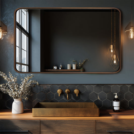 Modern Bold Stainless Steel Framed Rounded Rectangular Bathroom Wall Mirror