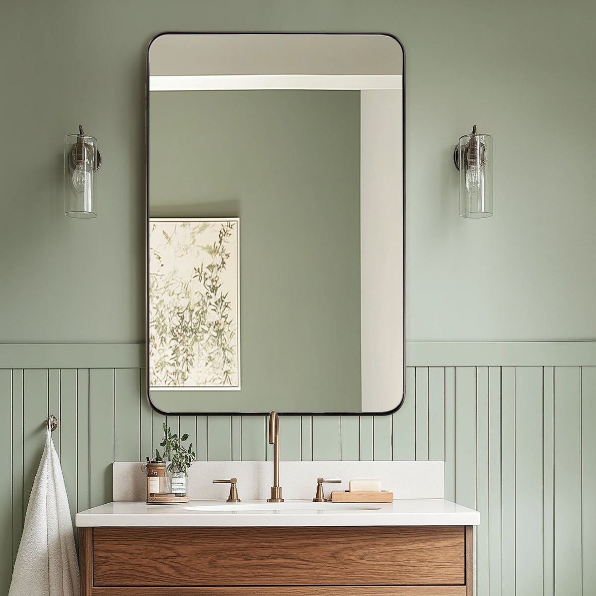 Open Box Like New : Modern Rounded Rectangle Mirror for Bathroom/ Vanity/ Wall | Stainless Steel Frame