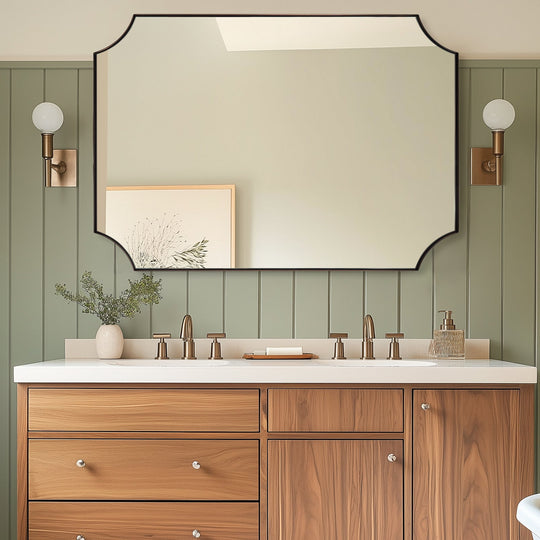 Contemporary  Rounded Notched Corner Scalloped  Rectangle Bathroom Vanity Mirror | Stainless Steel Frame