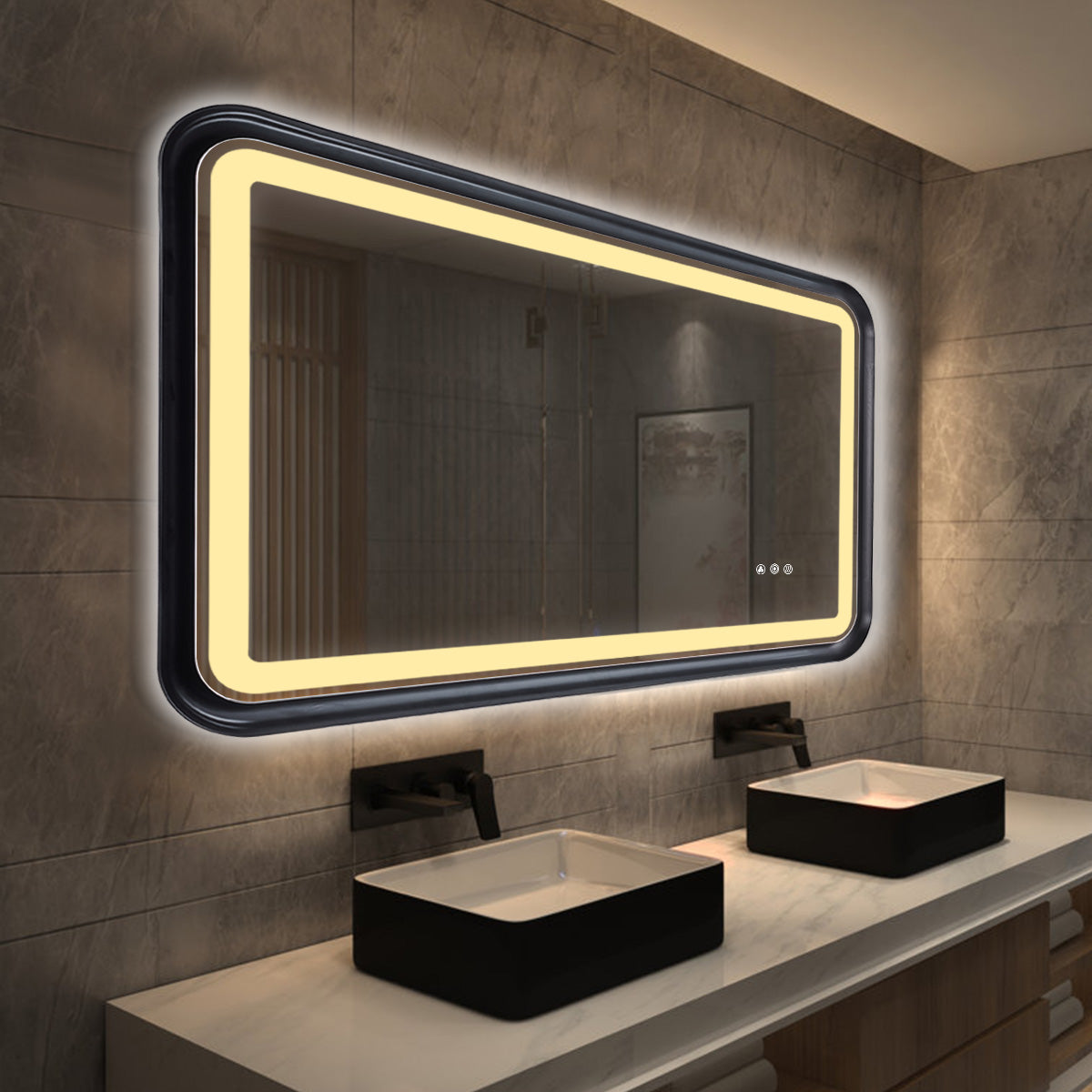 Black Framed Bathroom Mirror With Lights, Led Mirror For Dual Front & Back Lights, Defogging & Memory