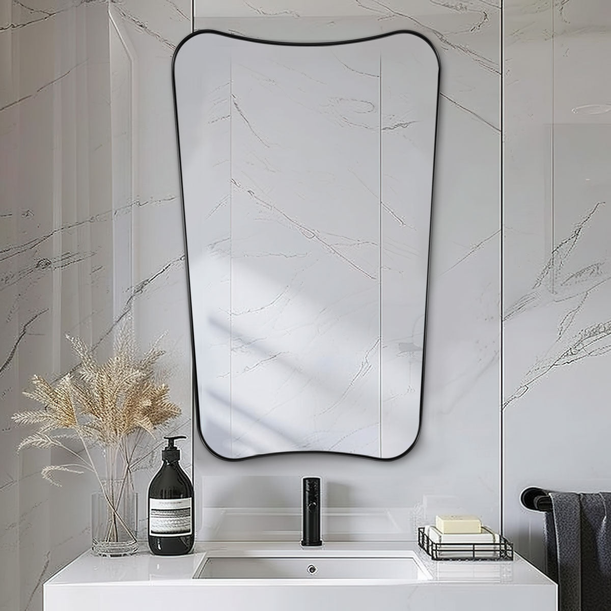 Concave Top Scalloped Asymmetrical Mirror |Stainless Steel Metal Frame