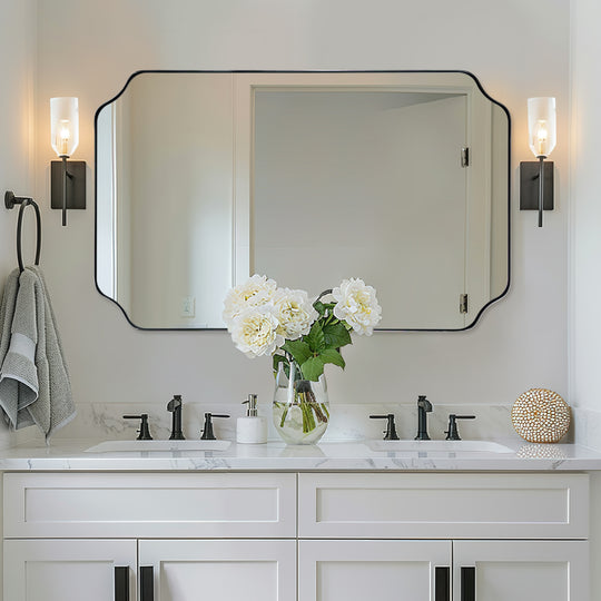 Contemporary Rounded Notched Corner Irregular Scalloped Mirror for Wall /Bathroom | Stainless Steel Frame