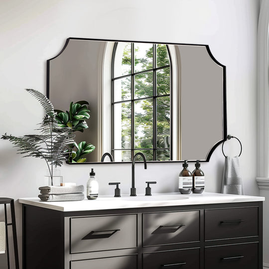 Contemporary  Rounded Notched Corner Scalloped  Rectangle Bathroom Vanity Mirror | Stainless Steel Frame
