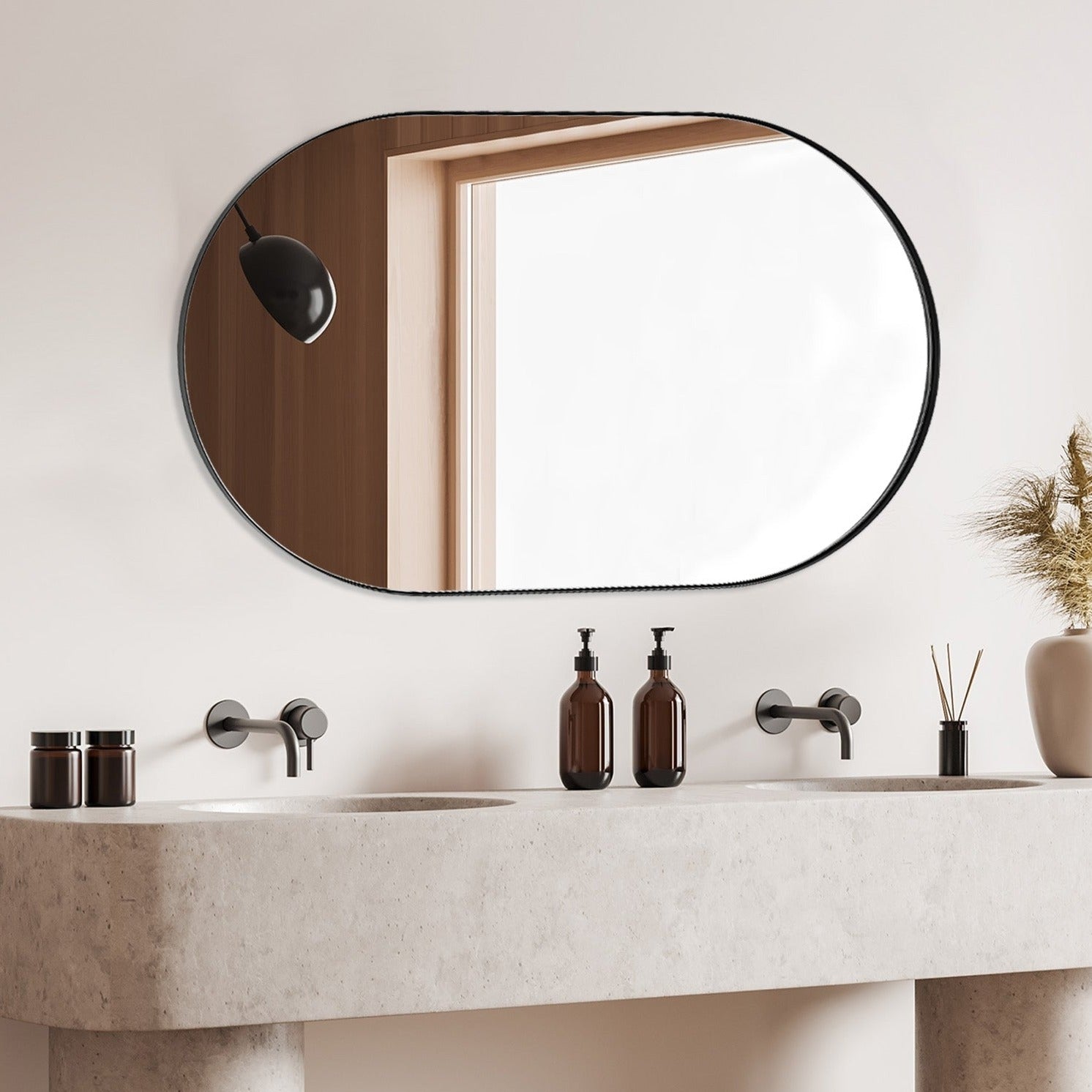 Contemporary Pill / Capsule Shaped Bathroom Wall Mirrors | Stainless Steel Framed